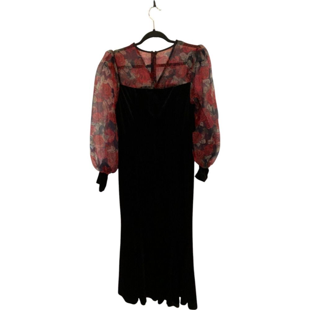 Black Velvet Floral Sheer Long Sleeve‎ Maxi Dress Womens Size L NWT Whimsigoth